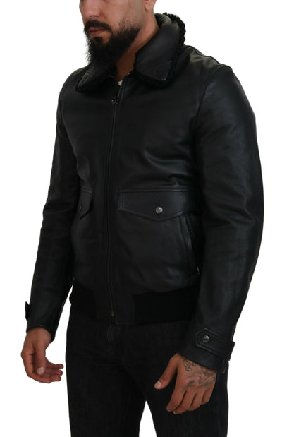 Black Lamb Leather Collared Men Coat Jacket