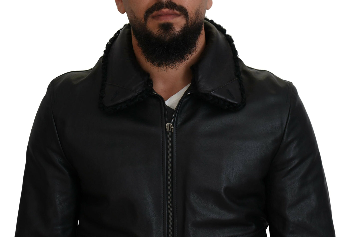 Black Lamb Leather Collared Men Coat Jacket