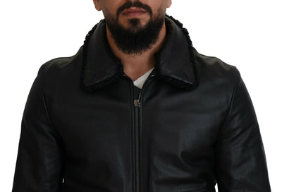 Black Lamb Leather Collared Men Coat Jacket