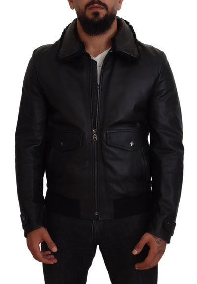 Black Lamb Leather Collared Men Coat Jacket