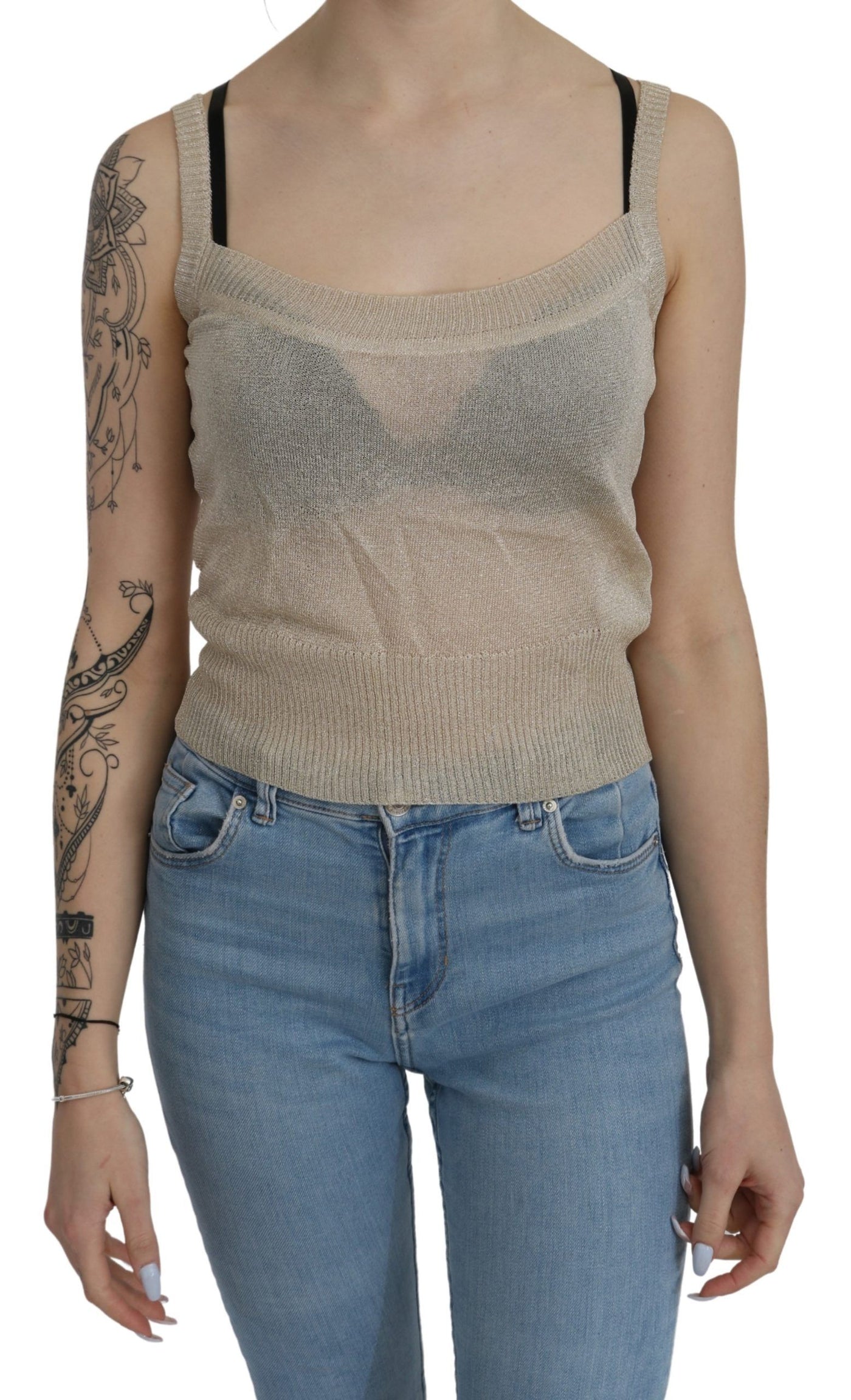 Beige Sleeveless Spaghetti Strap Tank See Through Top