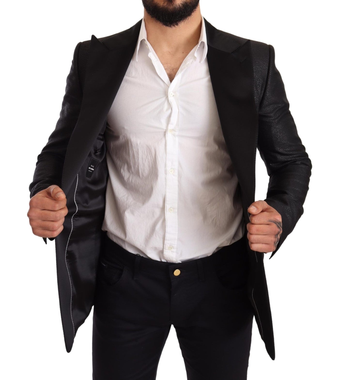 Black Metallic Slim Jacket Tuxedo Blazer