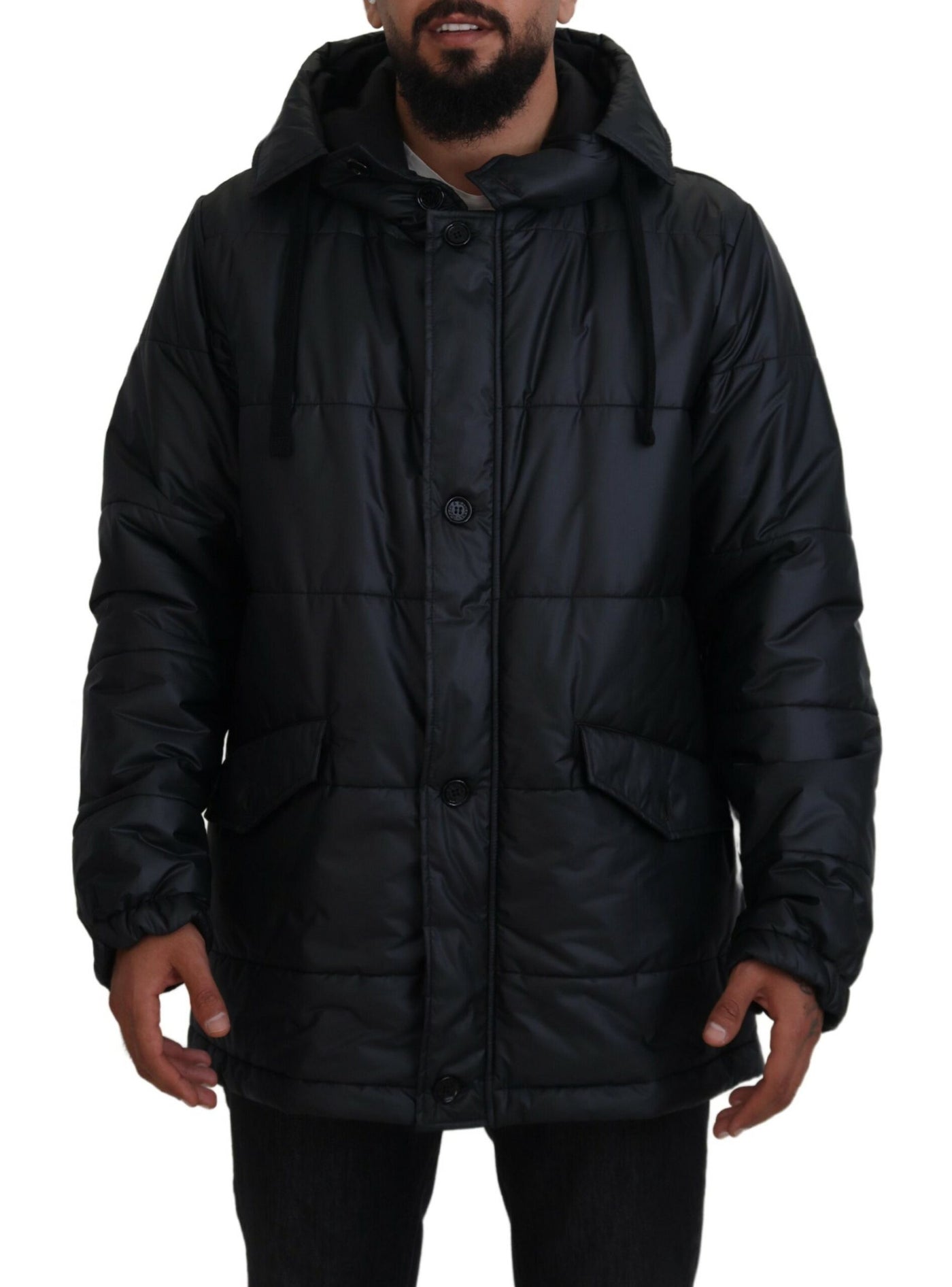 Black Polyester Hooded Parka Coat Winter Jacket