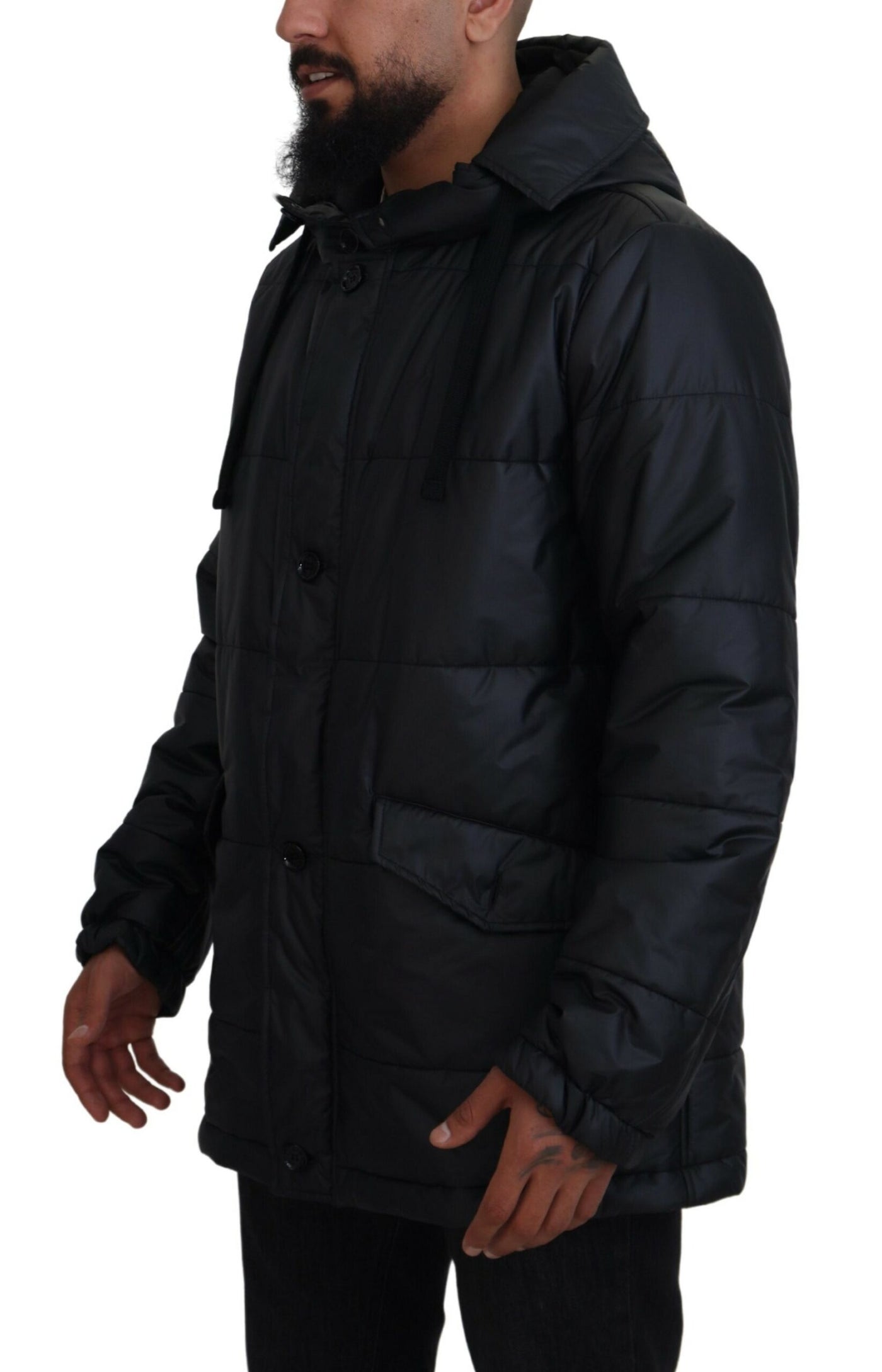 Black Polyester Hooded Parka Coat Winter Jacket