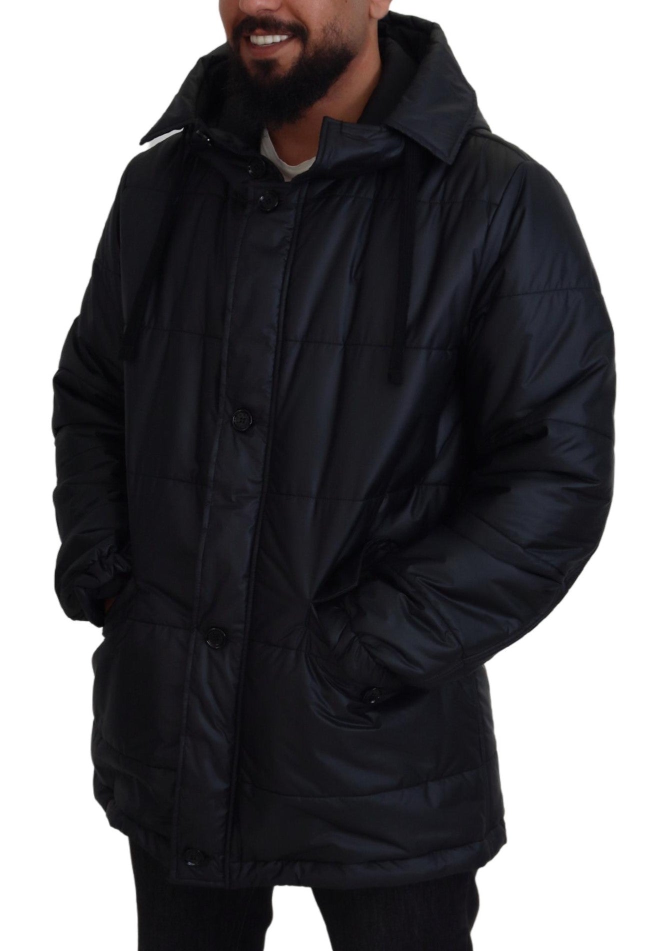 Black Polyester Hooded Parka Coat Winter Jacket