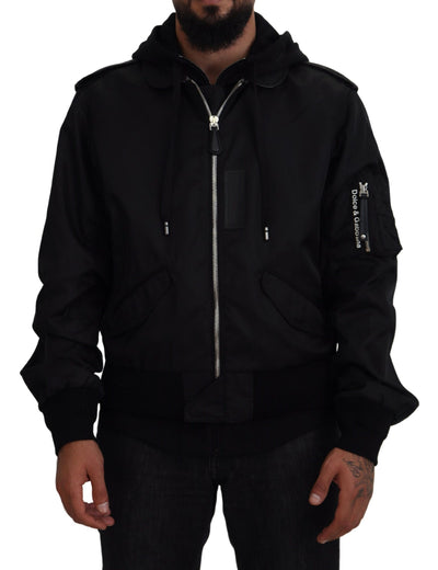 Black Nylon Hooded Full Zip Men Coat Jacket