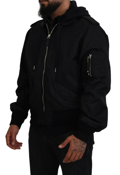 Black Nylon Hooded Full Zip Men Coat Jacket