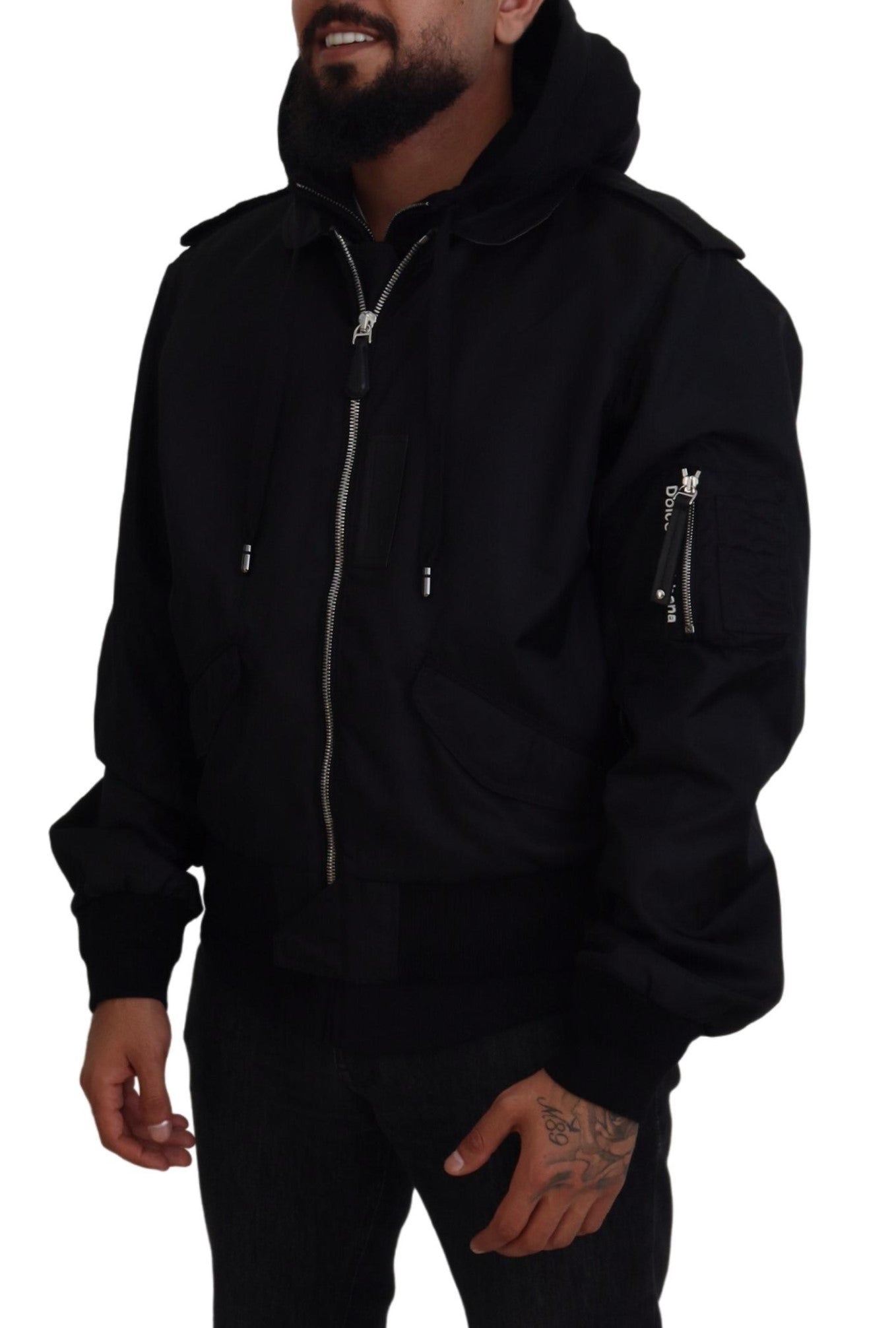 Black Nylon Hooded Full Zip Men Coat Jacket