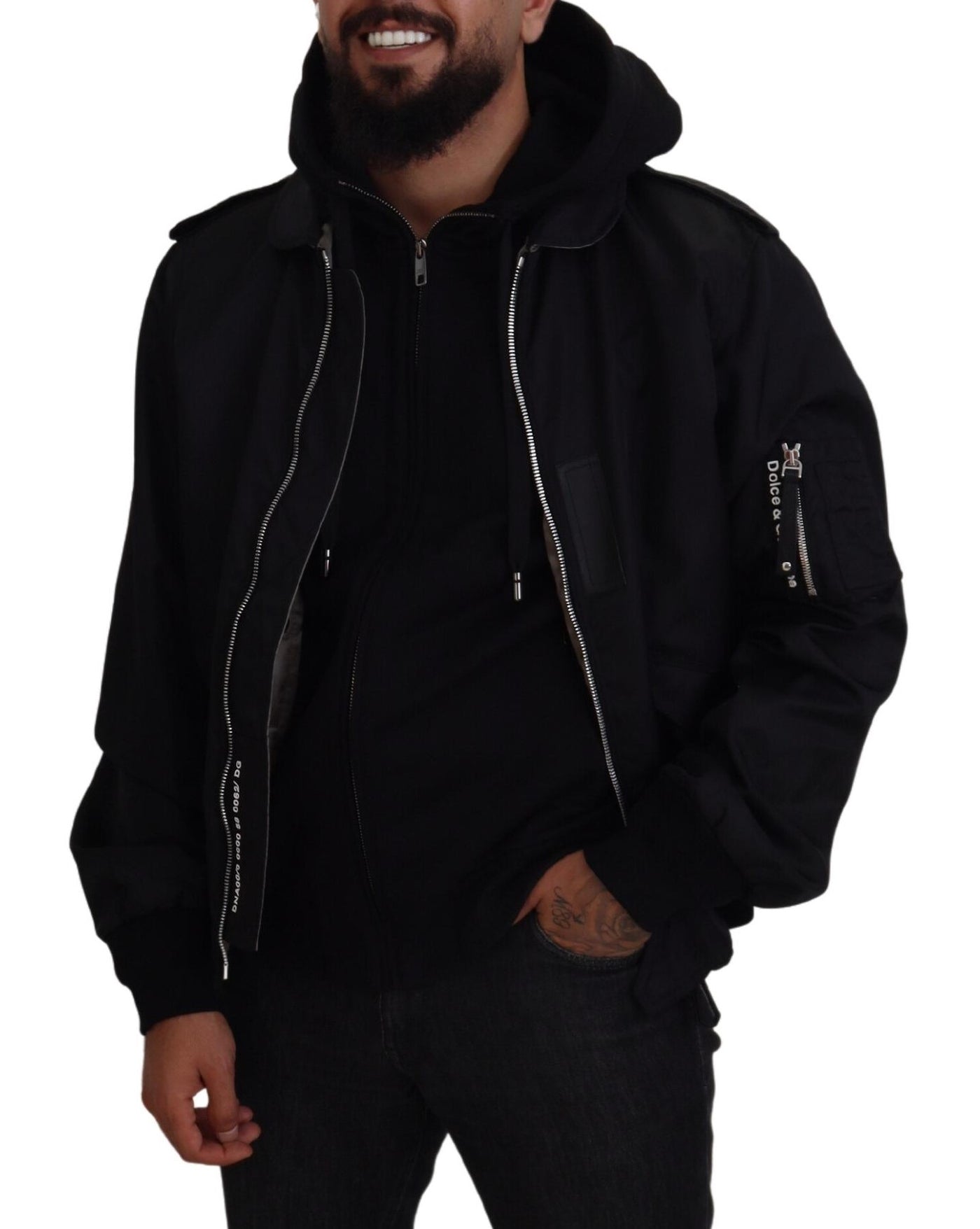 Black Nylon Hooded Full Zip Men Coat Jacket