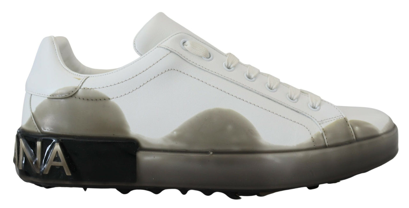 White Gray Leather Low Top Sneakers Shoes