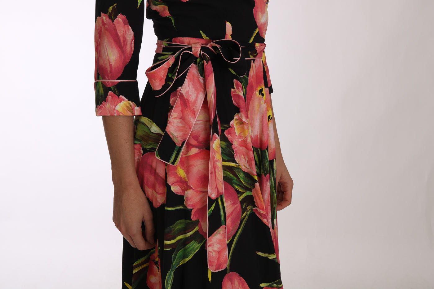 Black Pink Tulip Print Stretch Shift Dress