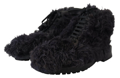 Black Leather Combat Shearling Boots Shoes