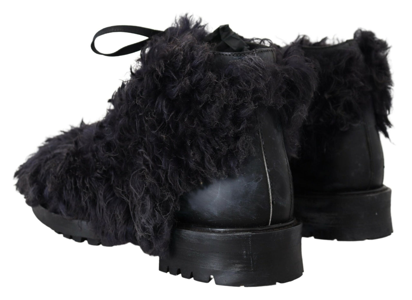 Black Leather Combat Shearling Boots Shoes