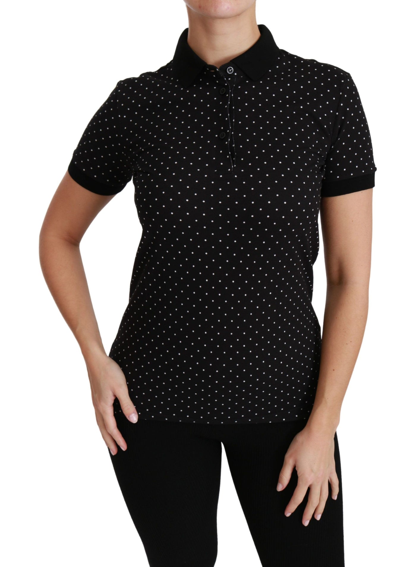 Black Dotted Collared Polo Shirt Cotton Top