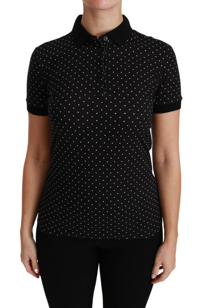 Black Dotted Collared Polo Shirt Cotton Top