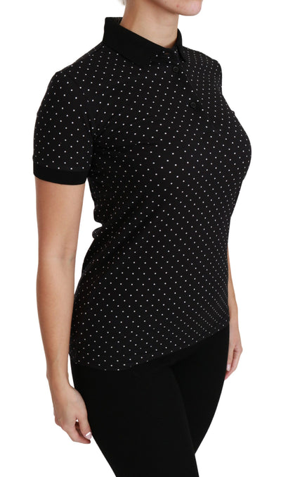 Black Dotted Collared Polo Shirt Cotton Top