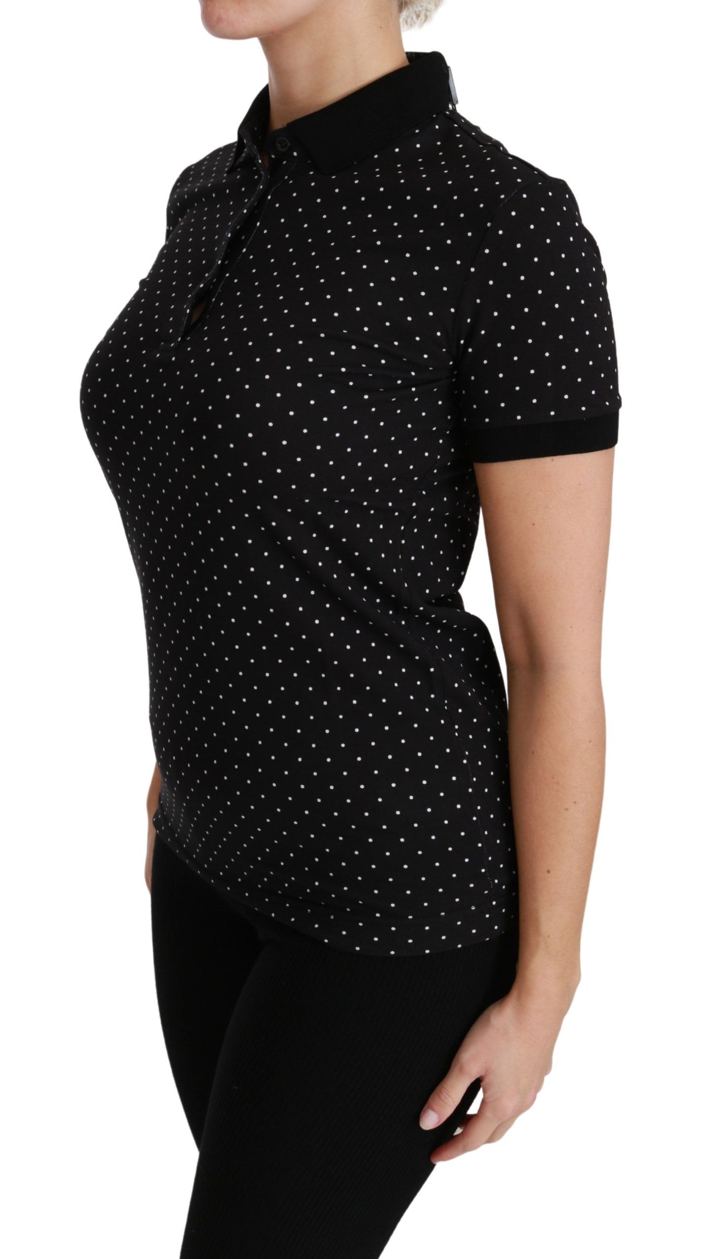 Black Dotted Collared Polo Shirt Cotton Top