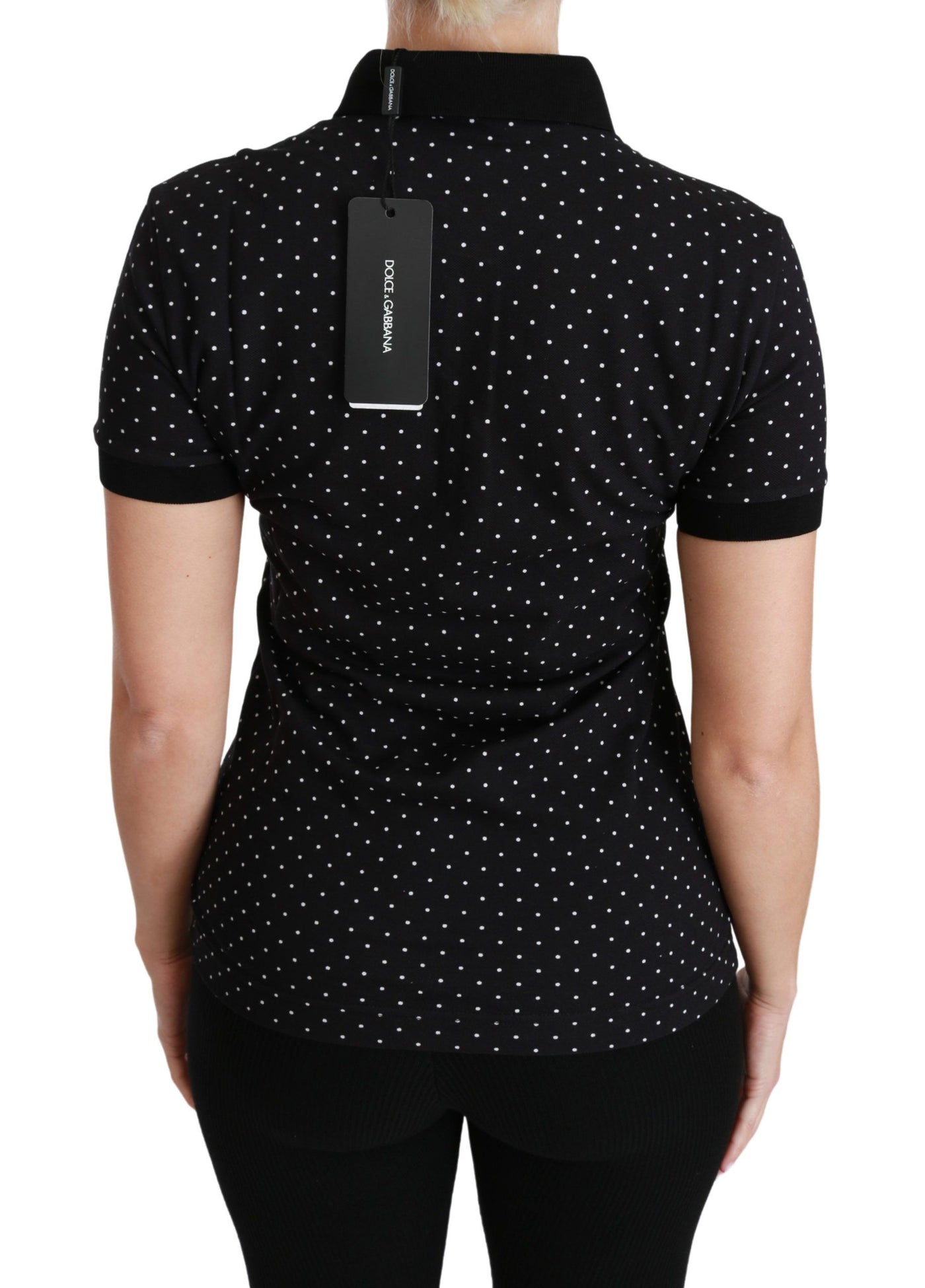 Black Dotted Collared Polo Shirt Cotton Top