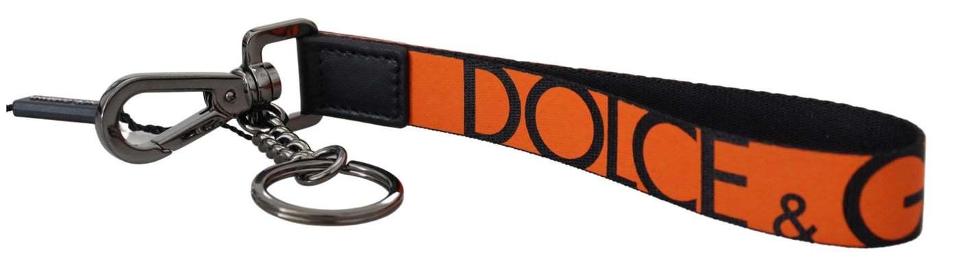 Orange Nylon Logo Print Silver Brass Keychain