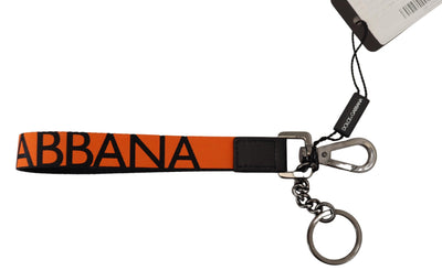 Orange Nylon Logo Print Silver Brass Keychain