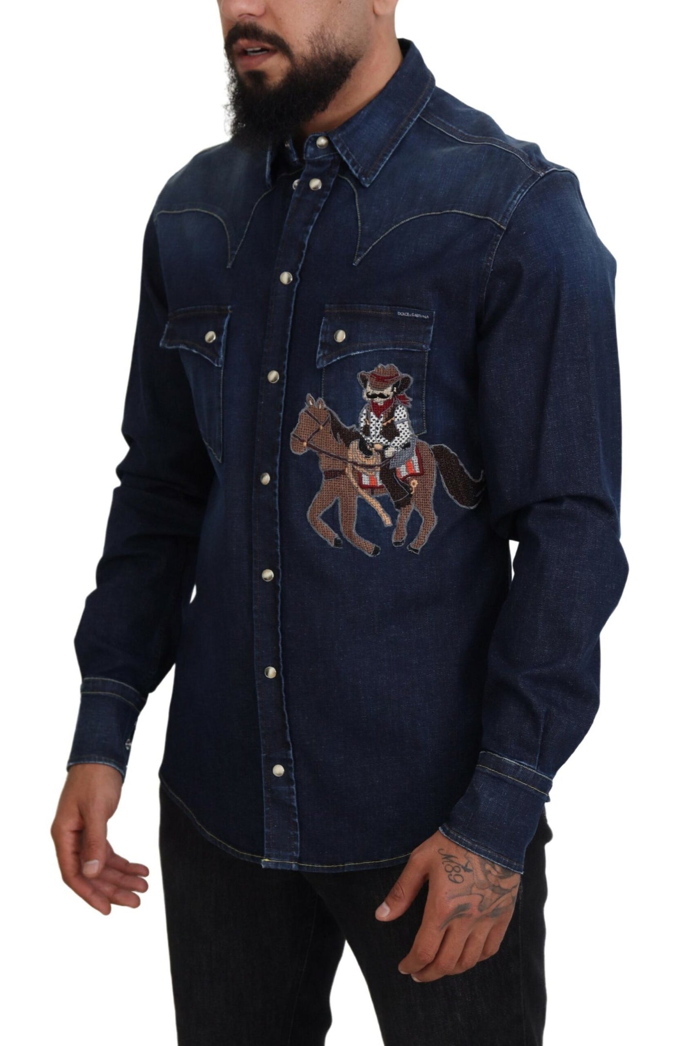 Blue Cotton Men Long Sleeves Denim Shirt