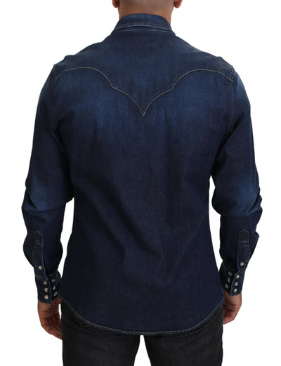 Blue Cotton Men Long Sleeves Denim Shirt