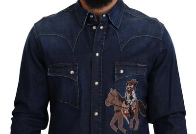 Blue Cotton Men Long Sleeves Denim Shirt