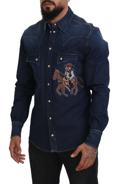 Blue Cotton Men Long Sleeves Denim Shirt