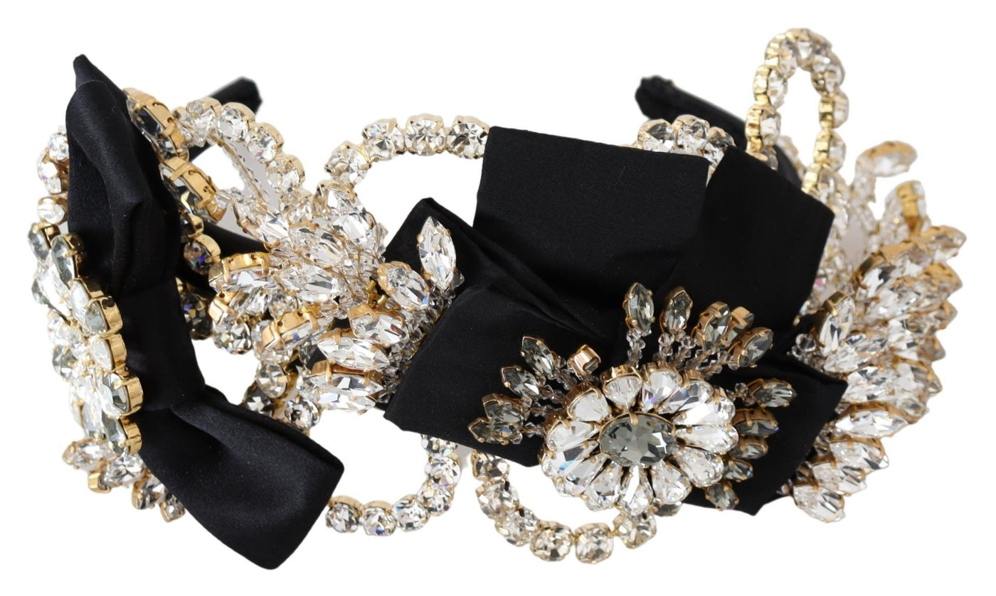 Black Gold  Clear Crystal Embellished Silk Fiocco Diadem Headband