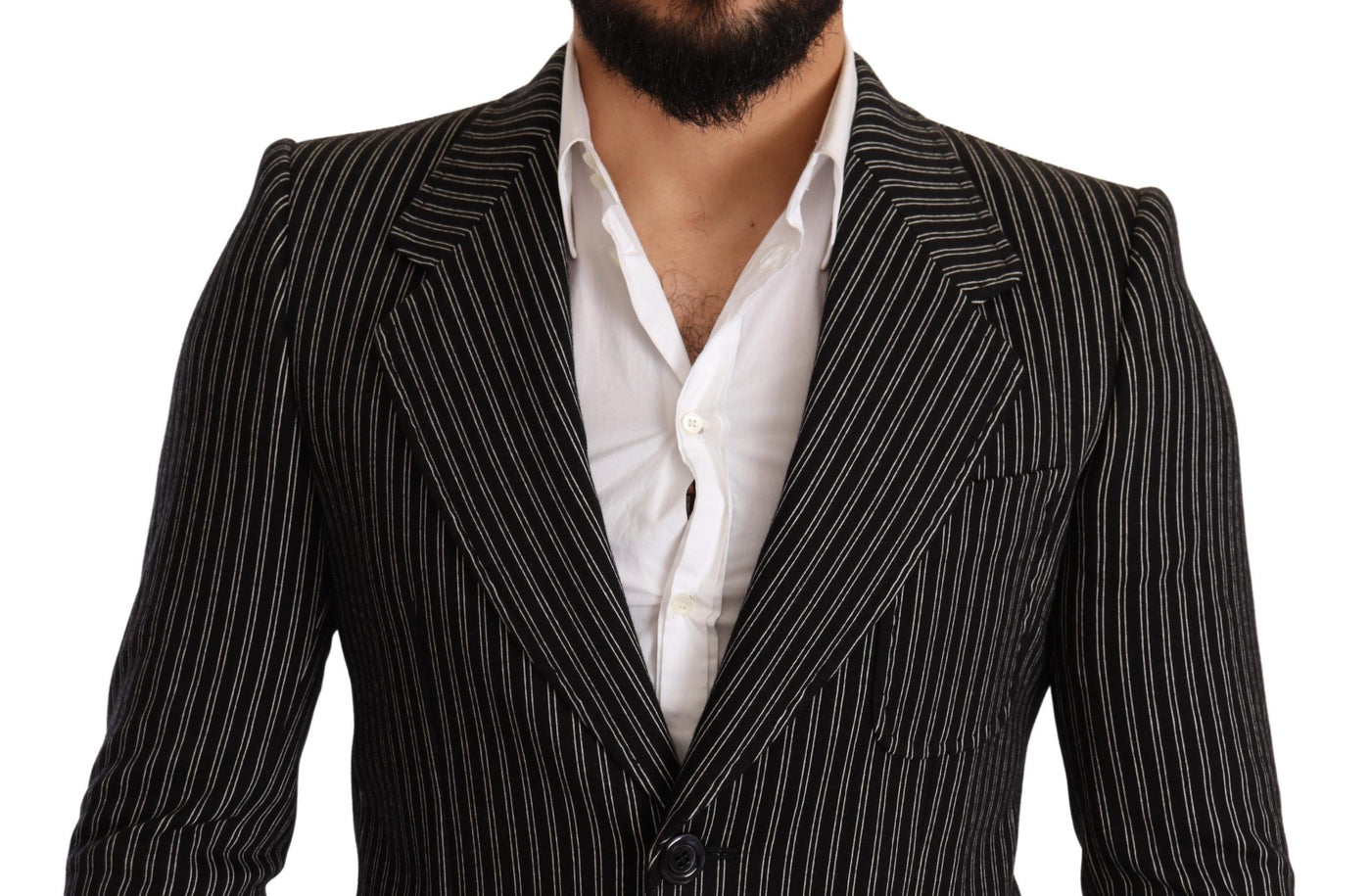 Black Striped Slim Fit Wool Coat Blazer