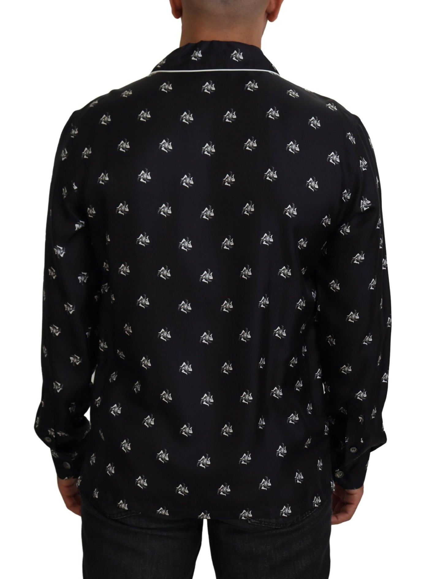 Black Printed Collared Men Long Sleeve Pajama Top