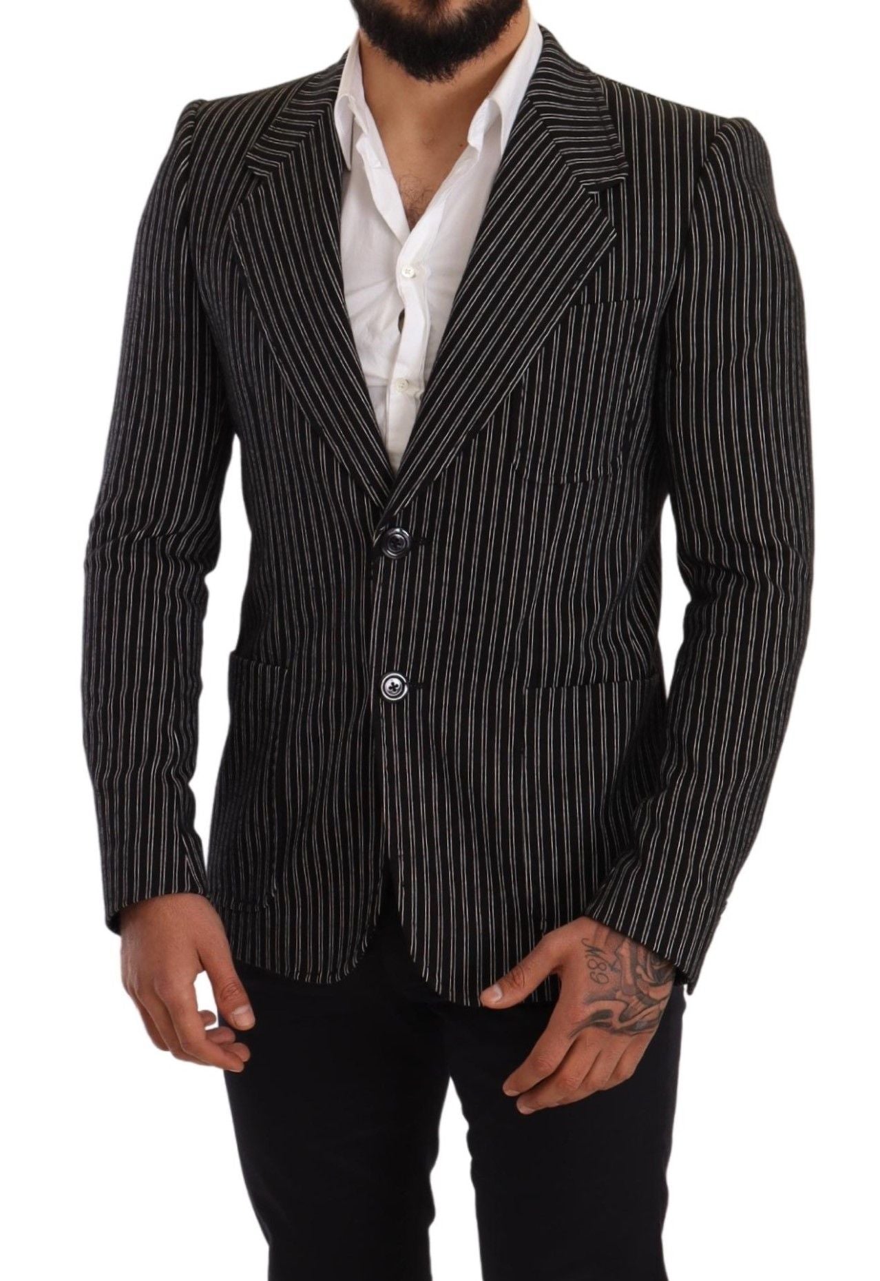 Black Striped Slim Fit Wool Coat Blazer