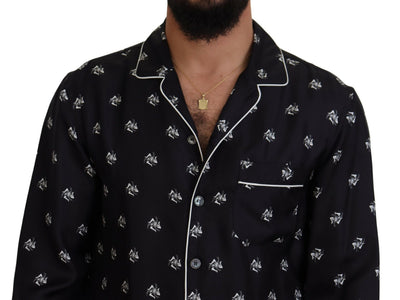 Black Printed Collared Men Long Sleeve Pajama Top