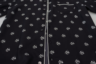 Black Printed Collared Men Long Sleeve Pajama Top