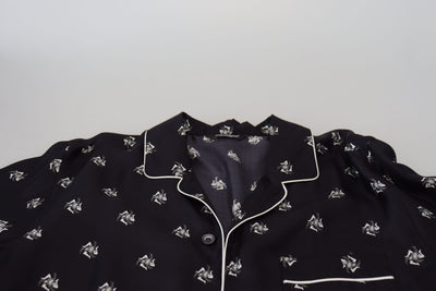 Black Printed Collared Men Long Sleeve Pajama Top