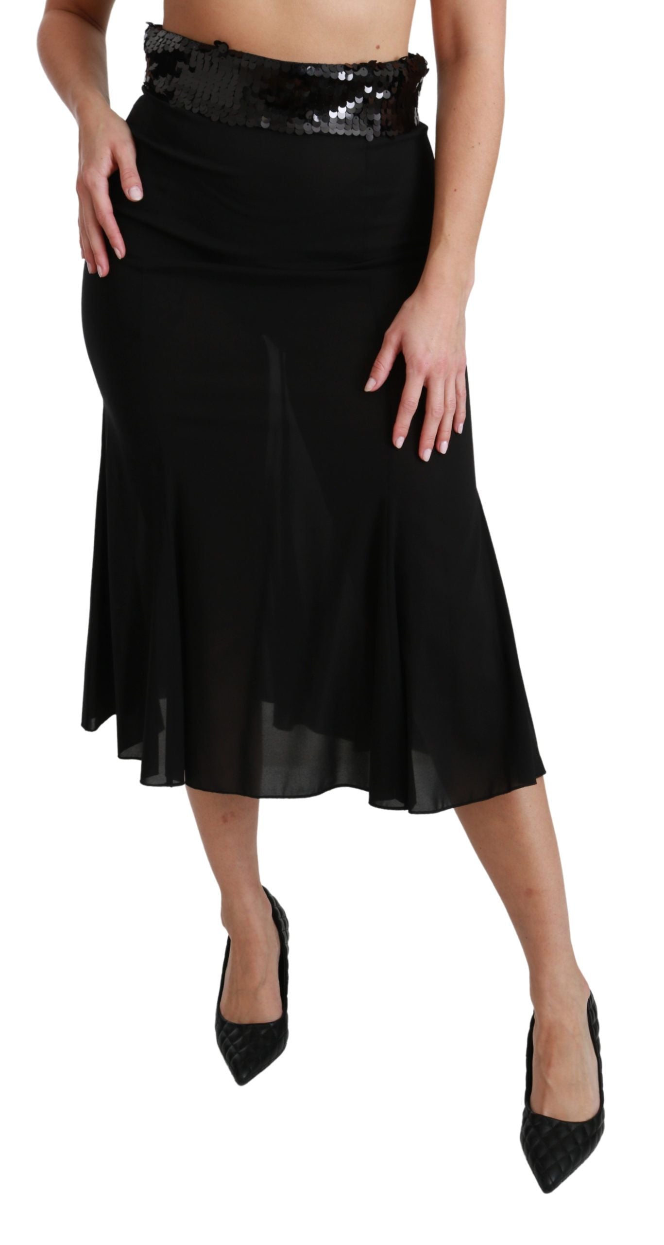 Black High Waist Mermaid Midi Silk Skirt