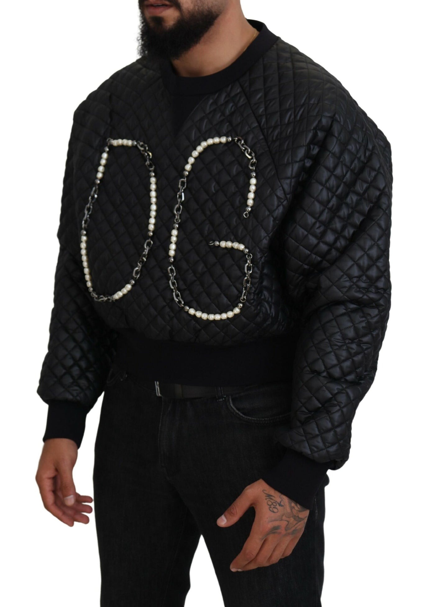 Black DG Embellished Quilted Pullover Sweater