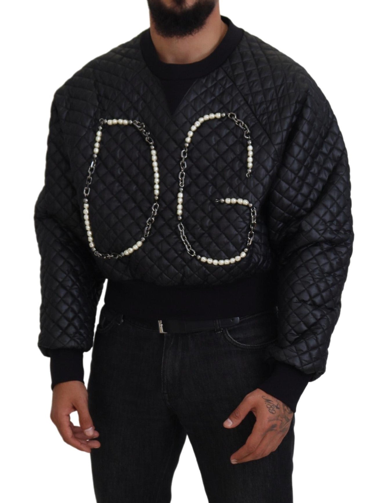 Black DG Embellished Quilted Pullover Sweater