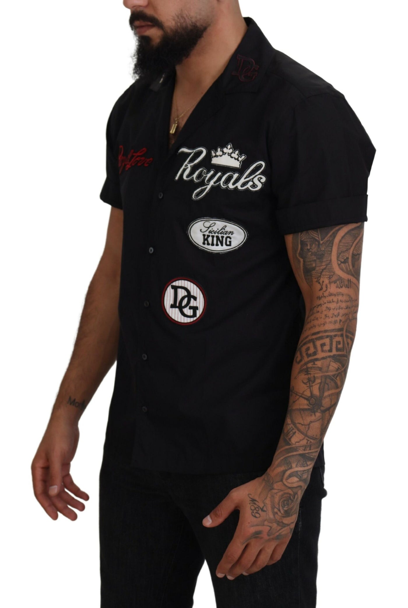 Black Logo Patch Short Sleeves Cotton Shirt