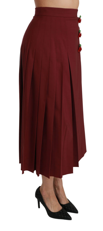 Red High Waist Pleated Maxi Wool Skirt