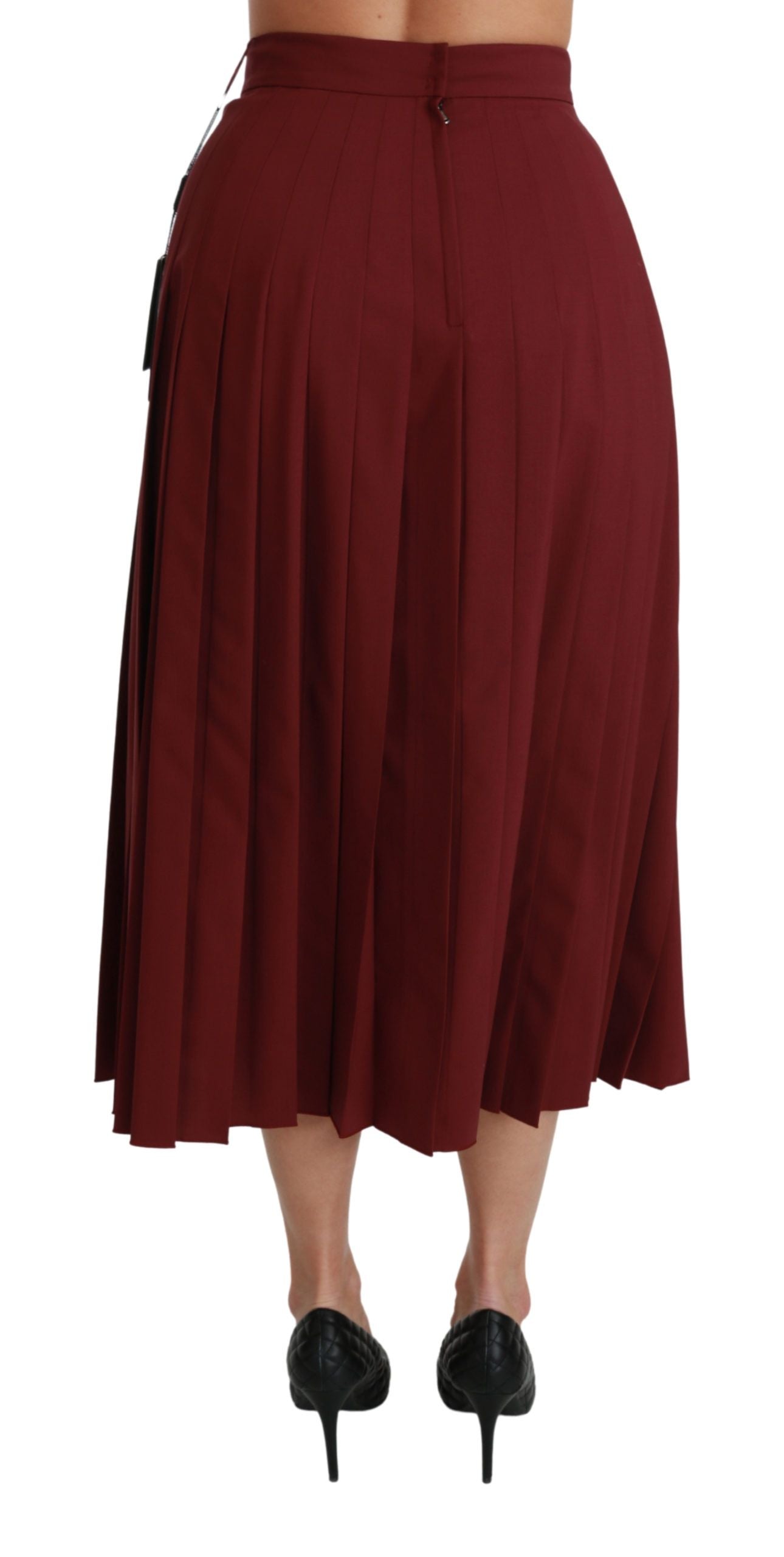 Red High Waist Pleated Maxi Wool Skirt