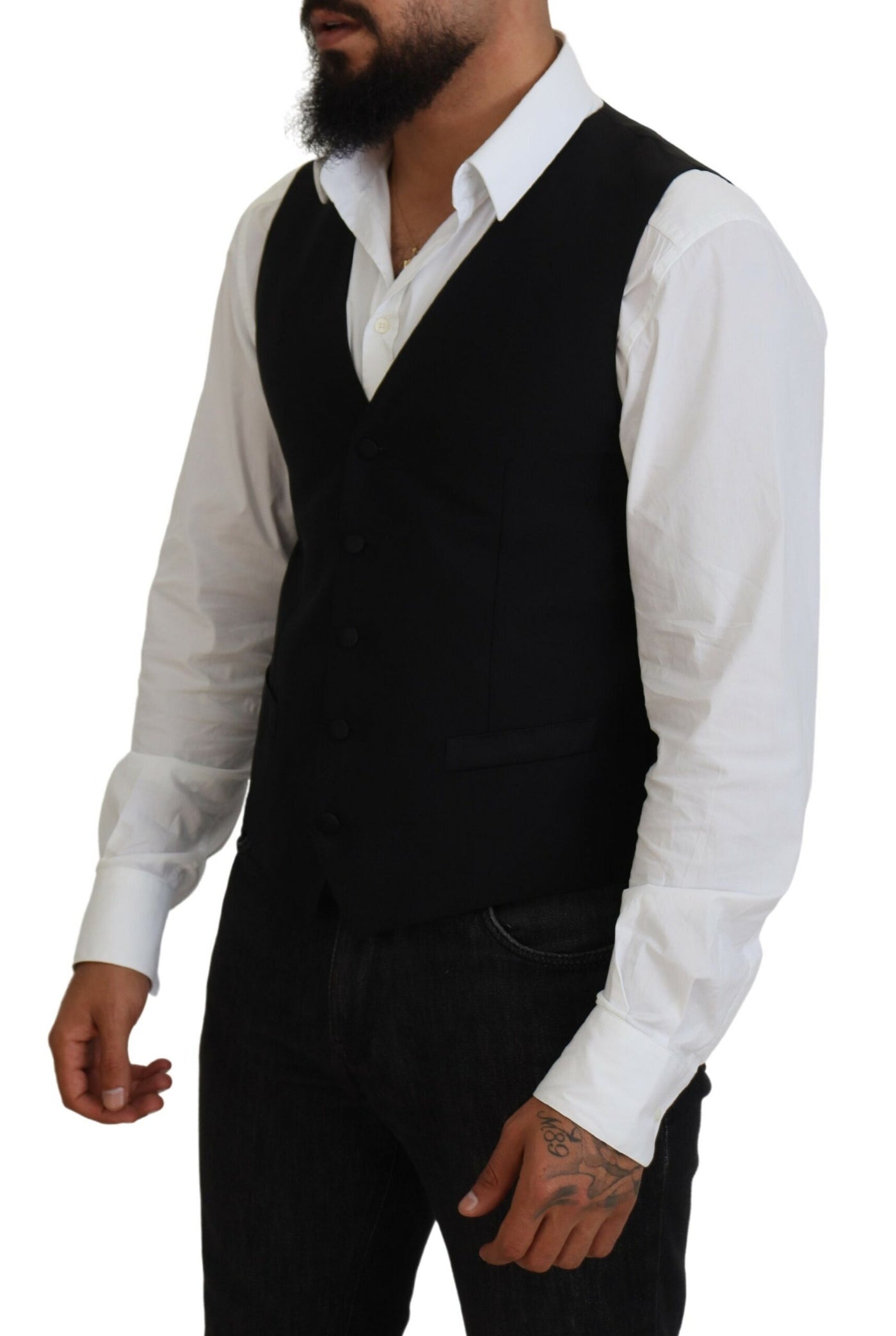 Black Virgin Wool Waistcoat Formal Vest