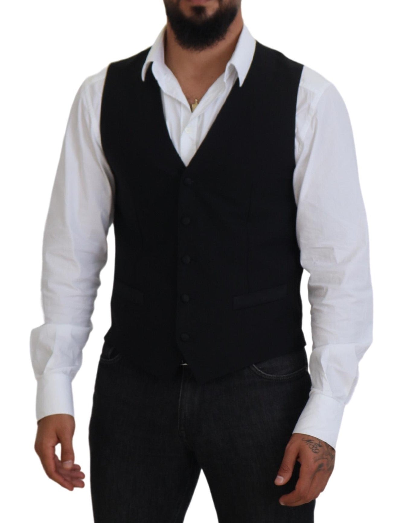 Black Virgin Wool Waistcoat Formal Vest