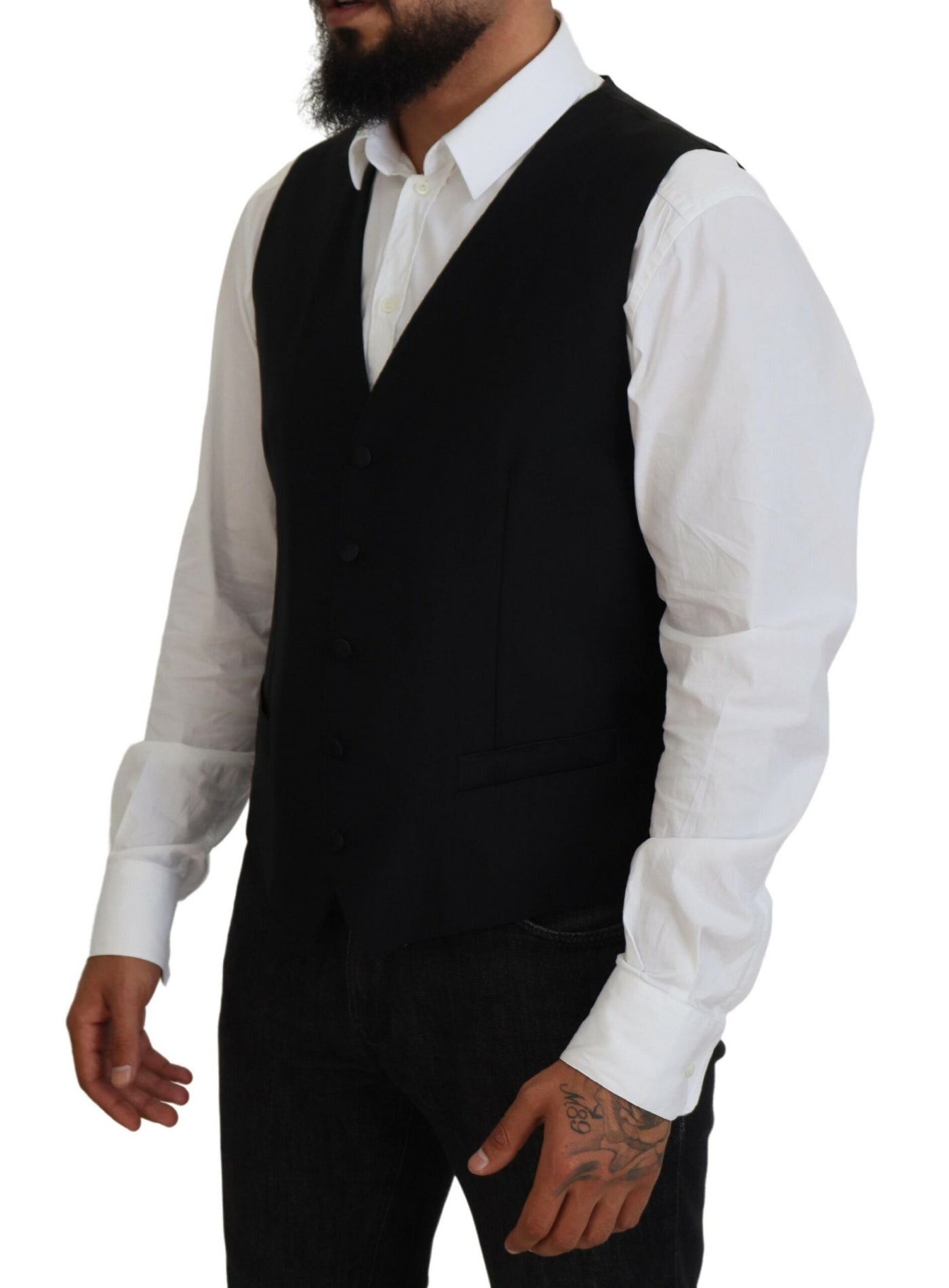 Black Virgin Wool Waistcoat Formal Vest