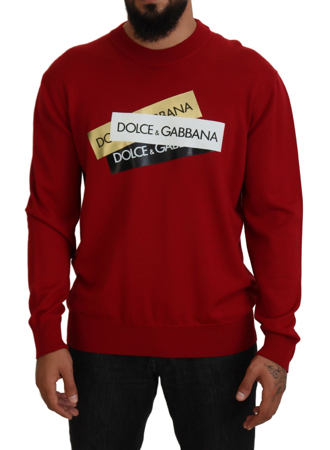 Red Logo Wool Crewneck Pullover Sweater