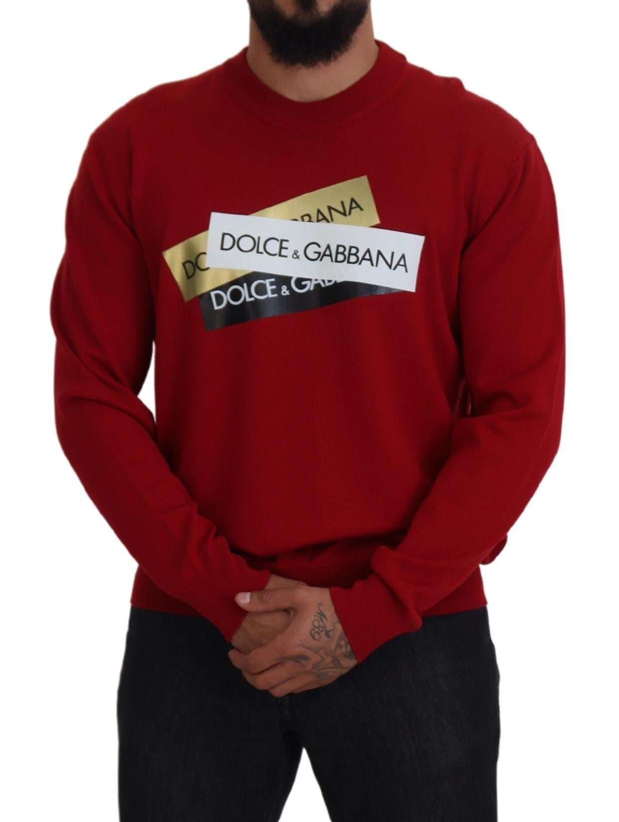 Red Logo Wool Crewneck Pullover Sweater