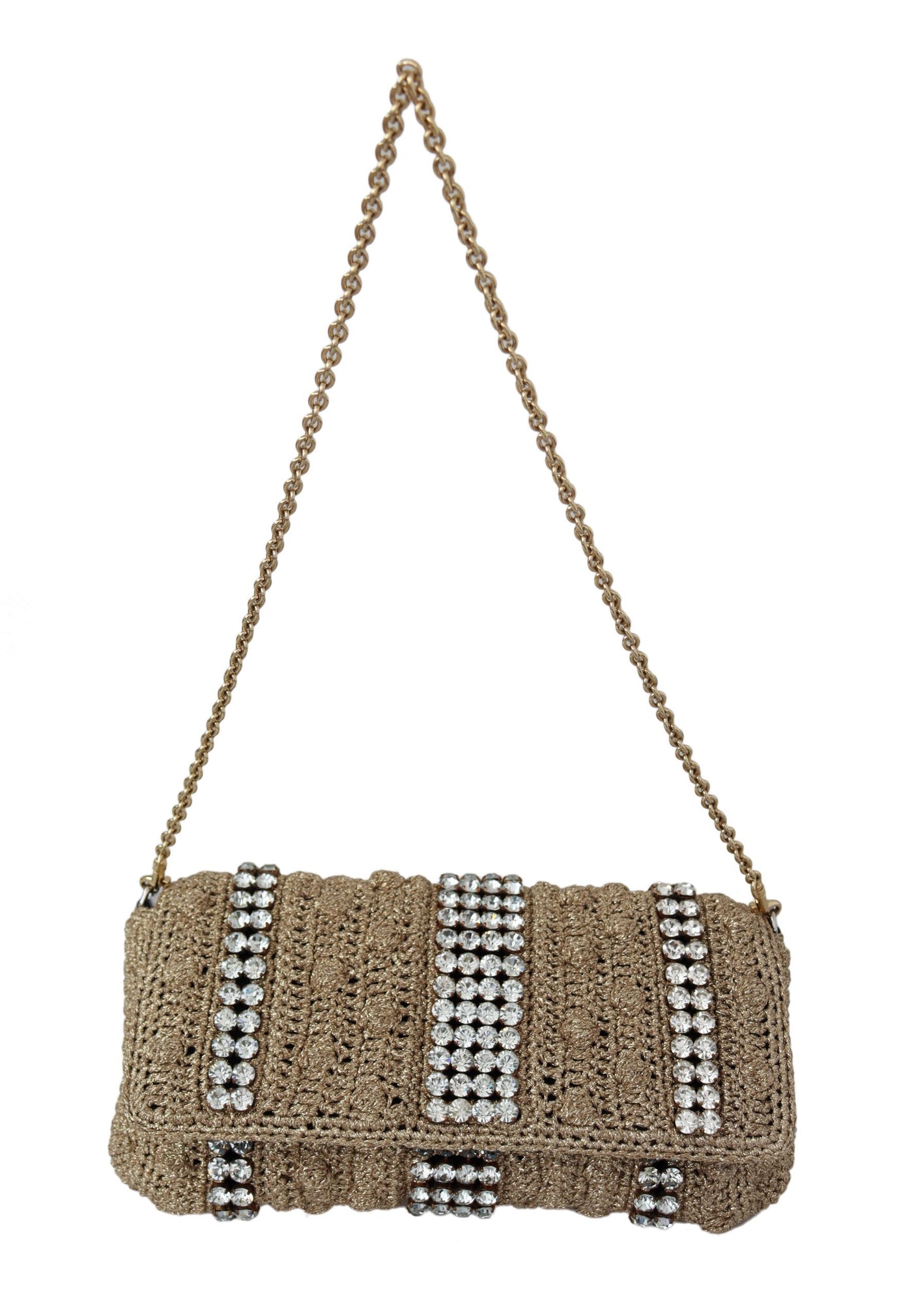 Beige Knitted Crystals Gold Chain Crossbody Bag