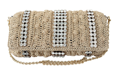 Beige Knitted Crystals Gold Chain Crossbody Bag