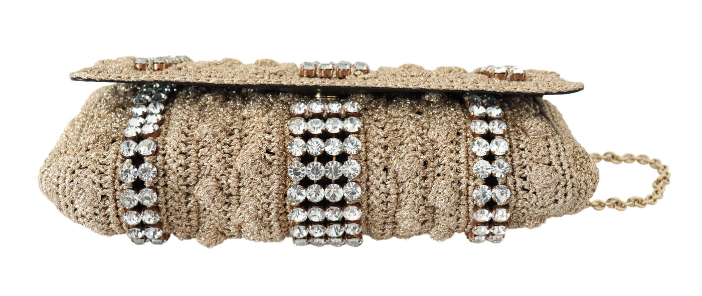 Beige Knitted Crystals Gold Chain Crossbody Bag