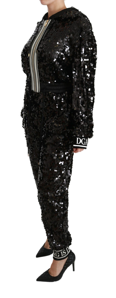 Black Sequined Hooded Sweater Dress Jumpsuit